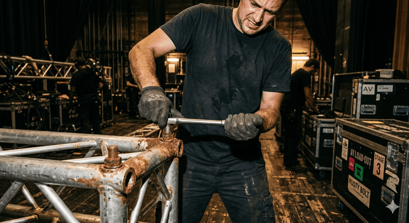 Frustrated Crew with Rusted Truss Bolt A crew member struggling to loosen a rusted bolt on a stage truss