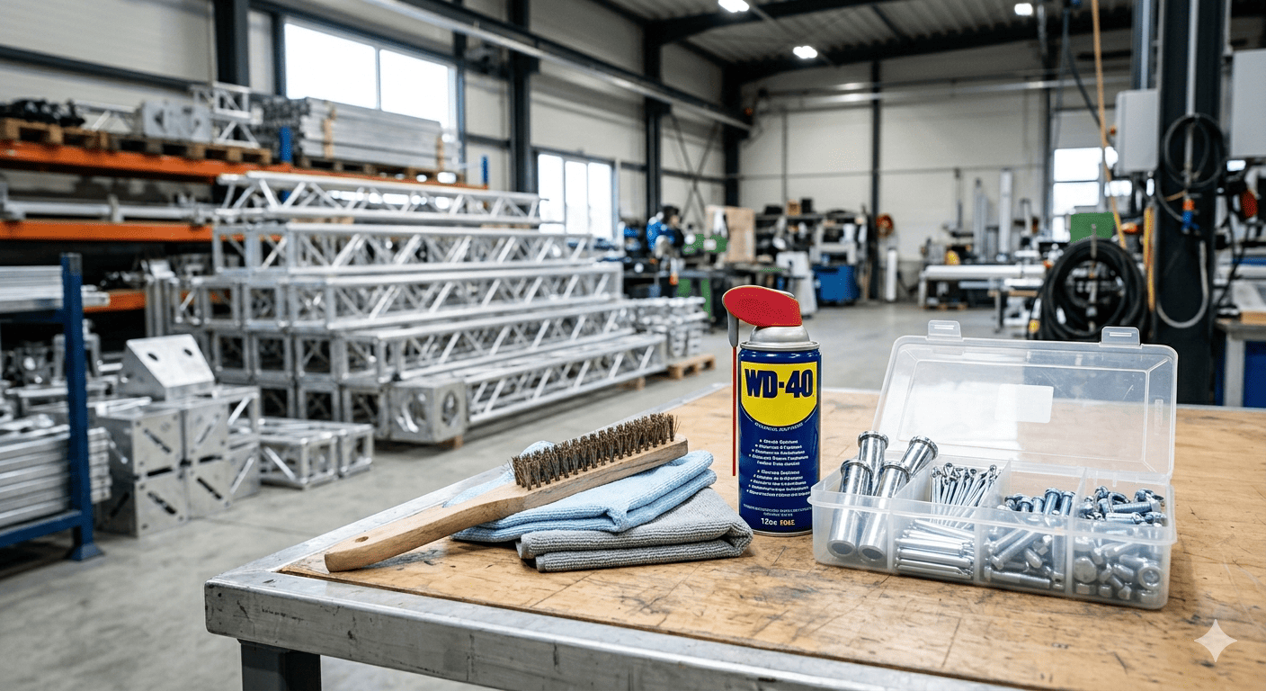 Truss Maintenance Kit A maintenance kit with a wire brush, clean rags, and lubricant next to truss hardware