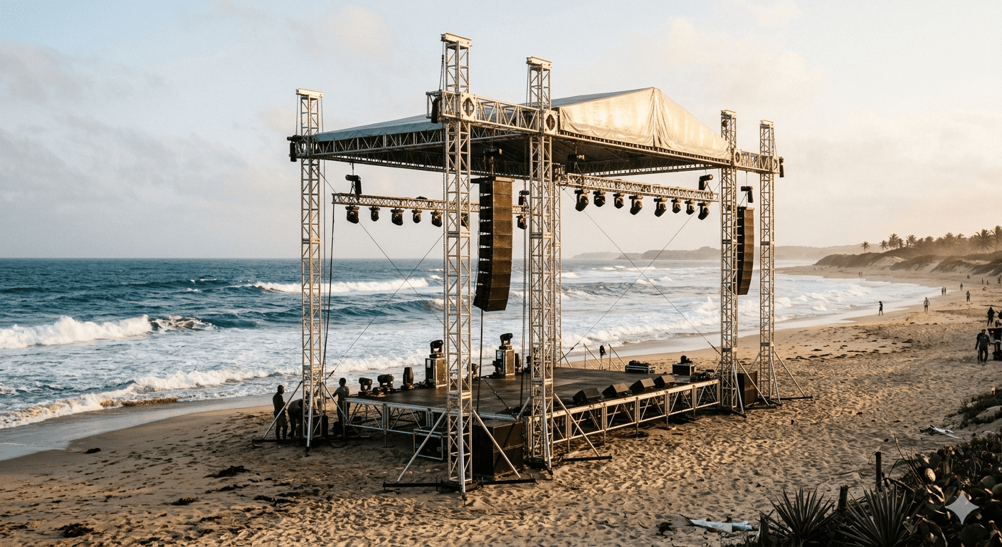 Truss in a Coastal Environment Stage truss set up on a beach with the ocean in the background