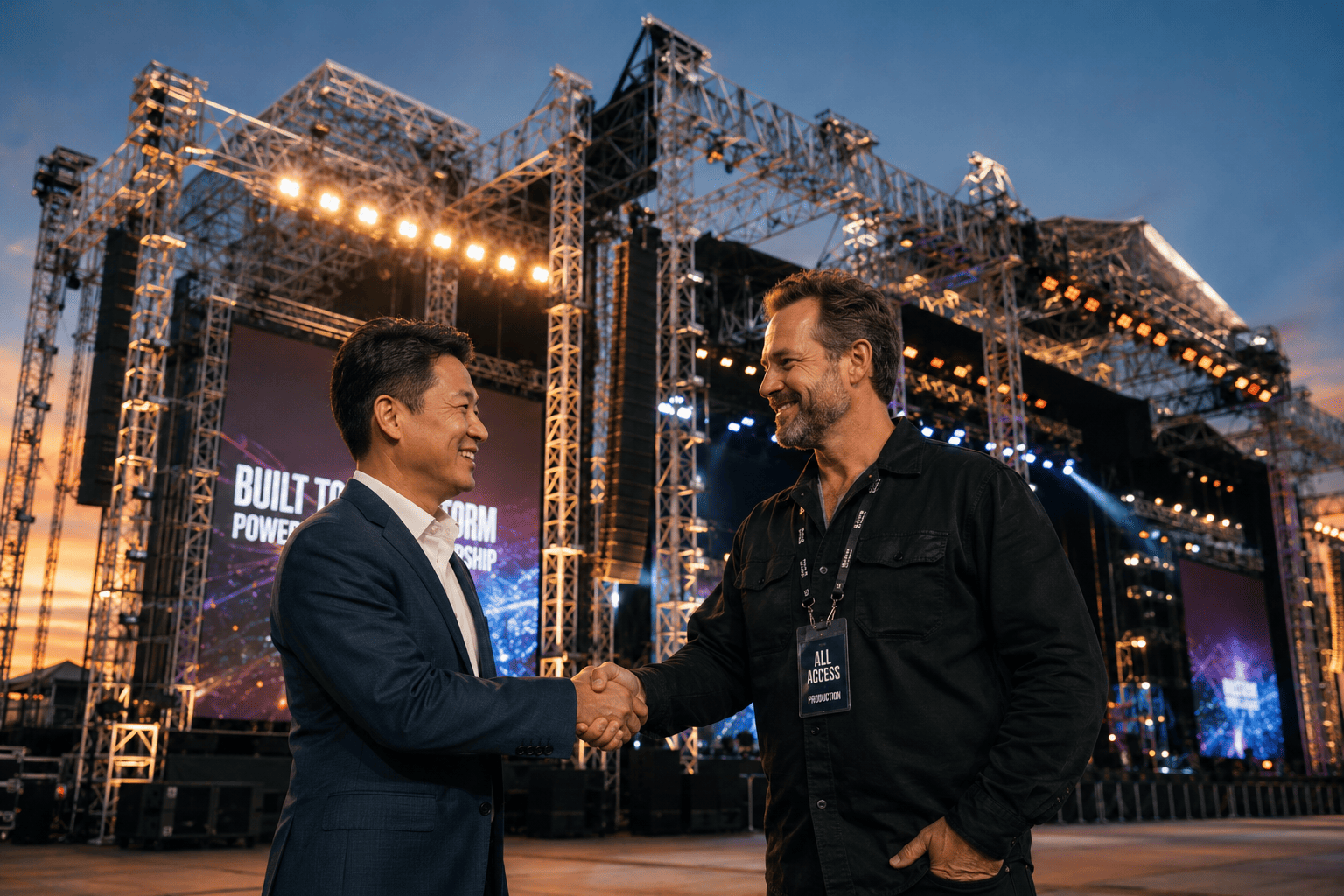 Truss Factory as a Business Partner Two business professionals shaking hands in front of a stage set up with aluminum truss