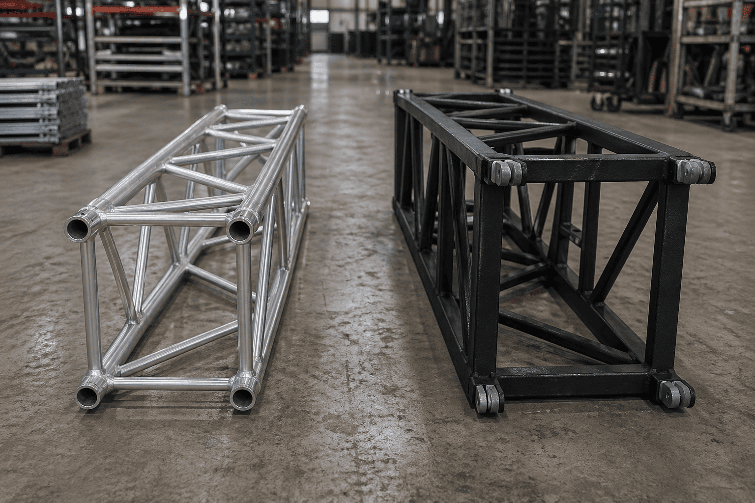 Aluminum Truss vs Steel Truss A shiny aluminum truss piece next to a heavy, painted steel truss piece
