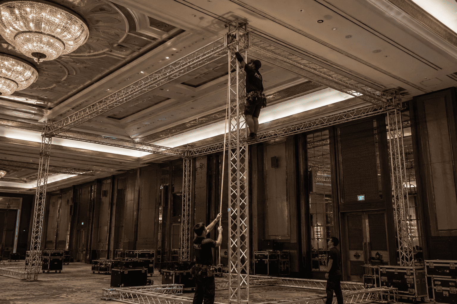 Truss System Venue Limitations A large truss structure inside a venue with a low ceiling