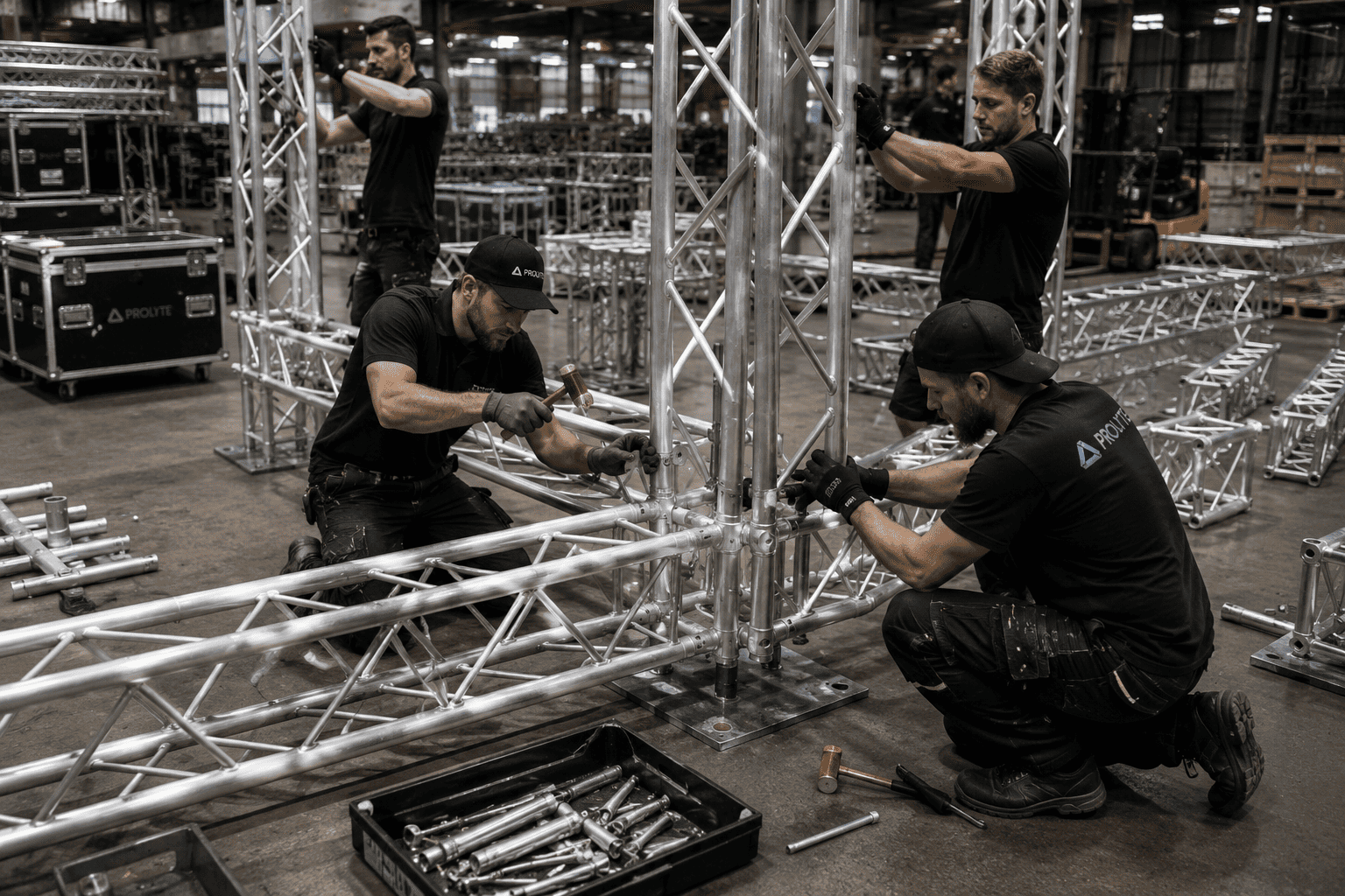 Cost of Truss System Installation Workers setting up a complex 4-post truss system