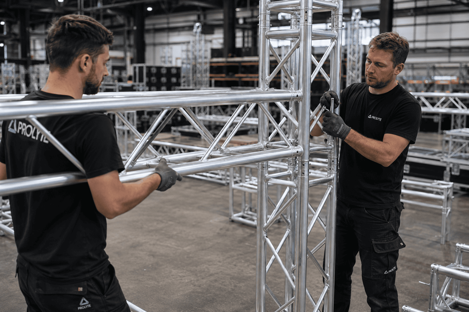 Ease of Aluminum Truss Assembly Workers assembling an aluminum truss structure with ease