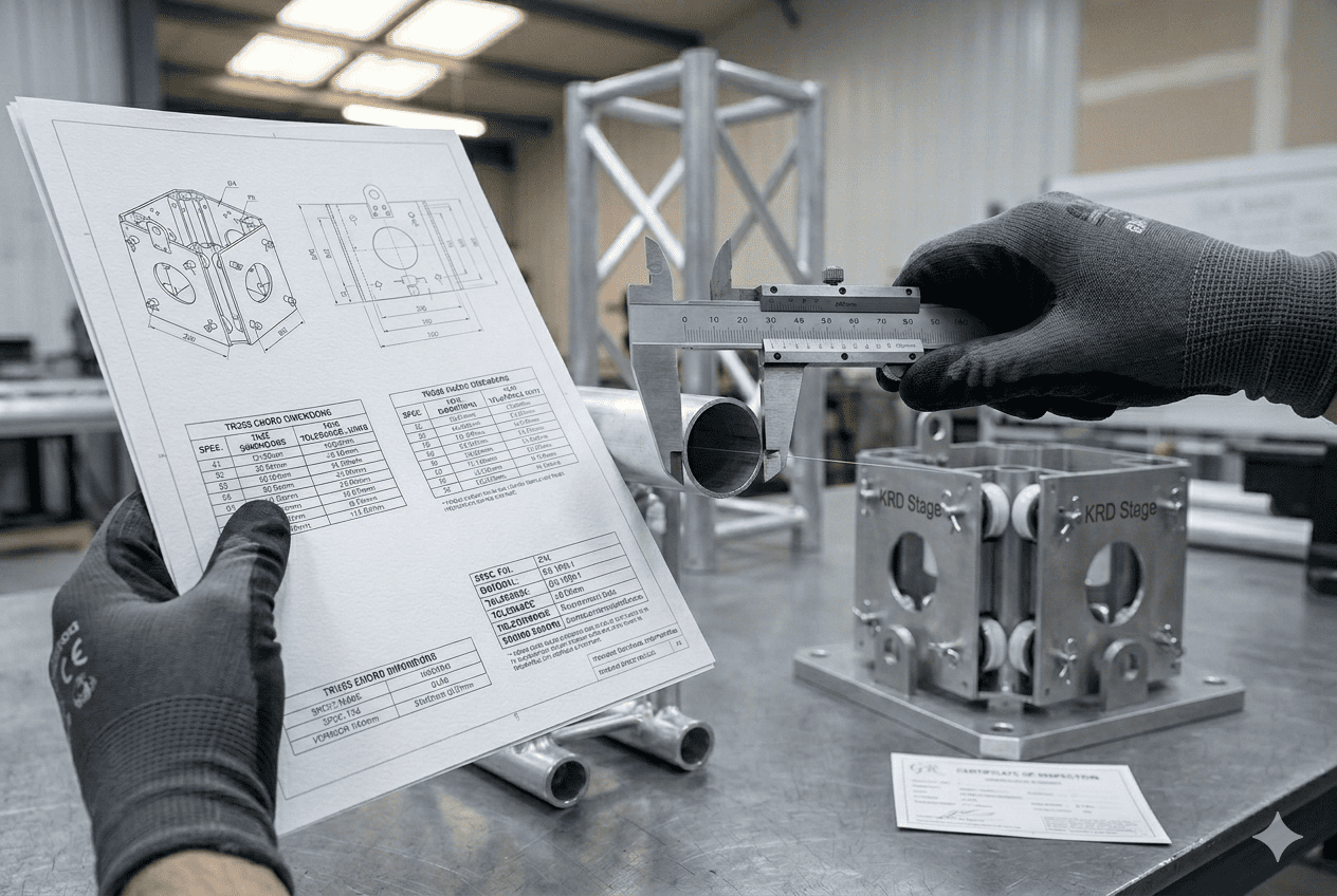Checking Technical Specifications A person pointing at a technical specification sheet for a truss system.