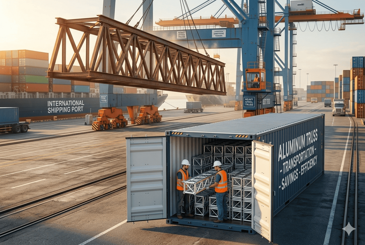 Total Cost of Ownership Truss A truck being loaded with lightweight aluminum truss versus a crane lifting heavy steel sections