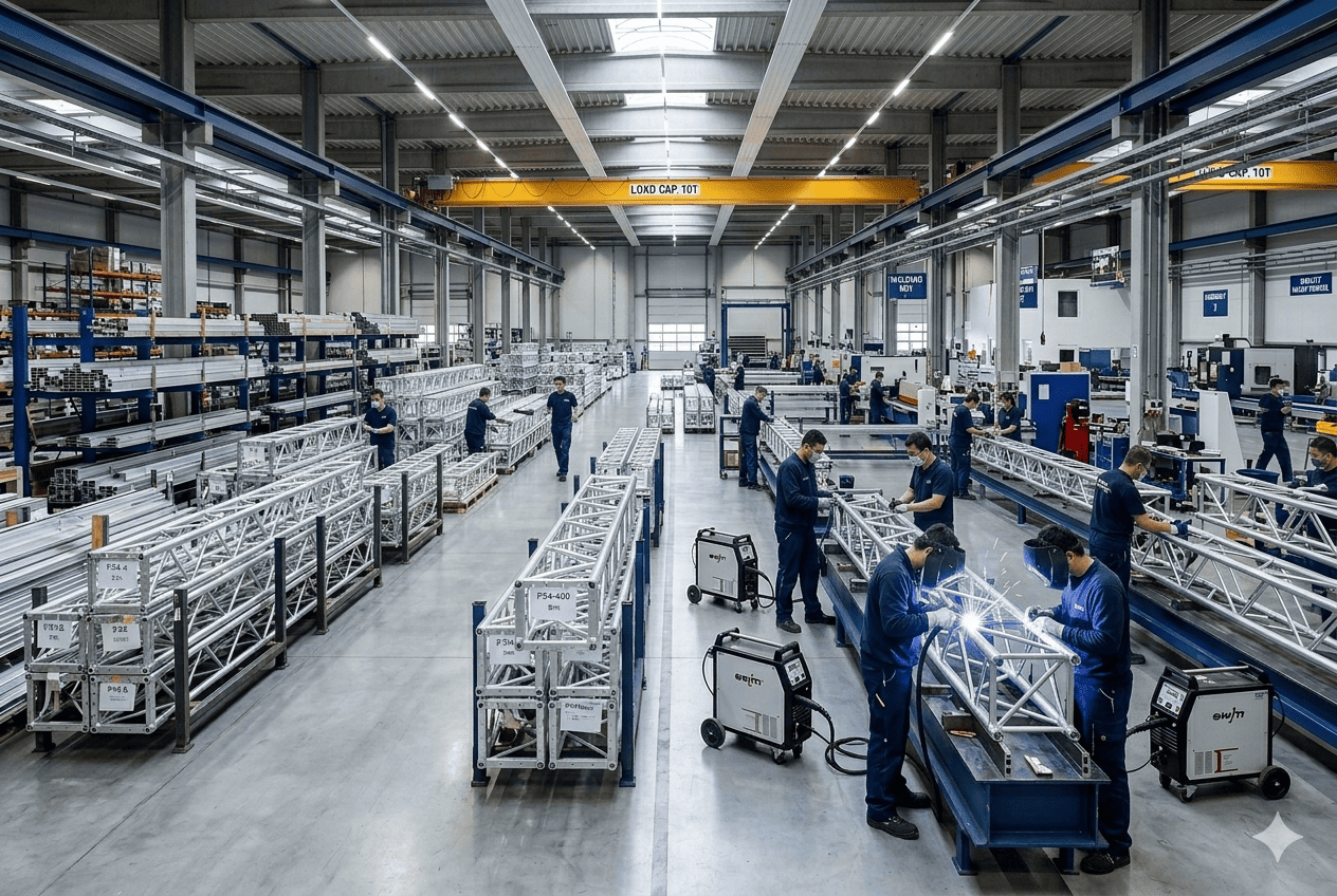 Inside a Truss Aluminium Factory A large, modern truss aluminium factory with workers assembling truss sections