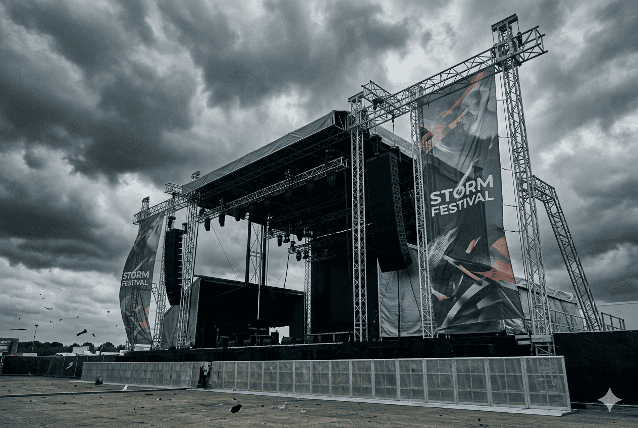Wind loading on outdoor truss stage A large outdoor truss stage with banners under a cloudy sky