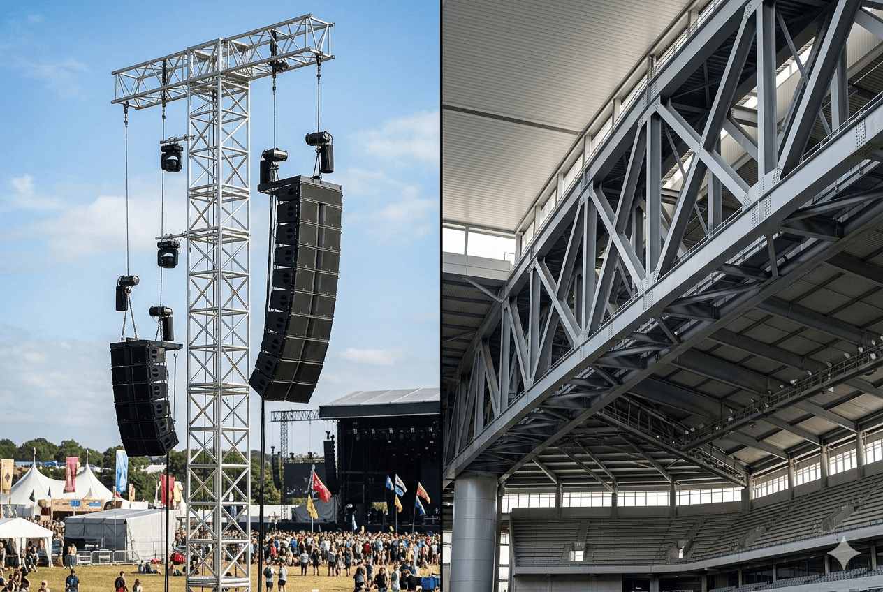 Aluminum vs. Steel Truss Aluminum truss tower at an outdoor event vs a permanent steel structure