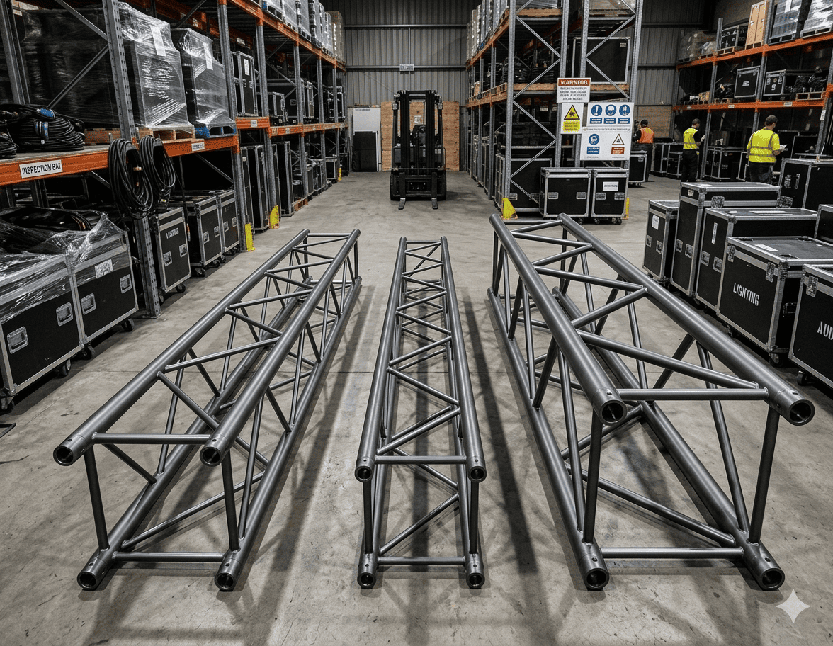 Different Sizes of Truss A small, medium, and heavy-duty truss piece lined up for comparison