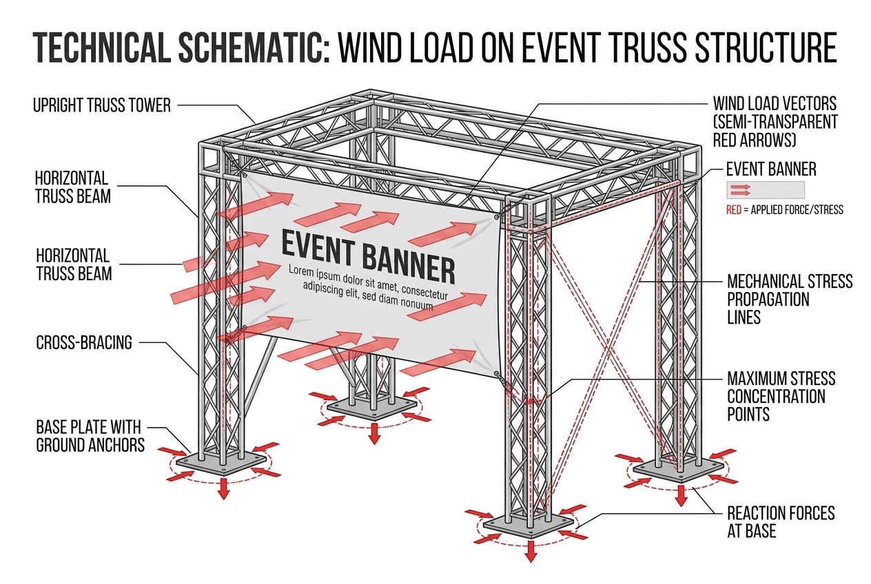 Sail effect on truss structures A wind force diagram showing pressure on a truss with a banner