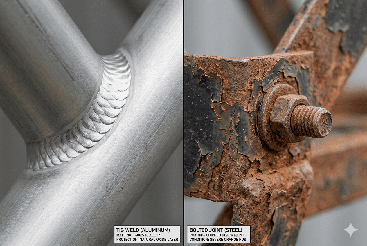 Corrosion Resistance of Aluminum Truss Close-up of a clean aluminum weld vs a rusted steel joint