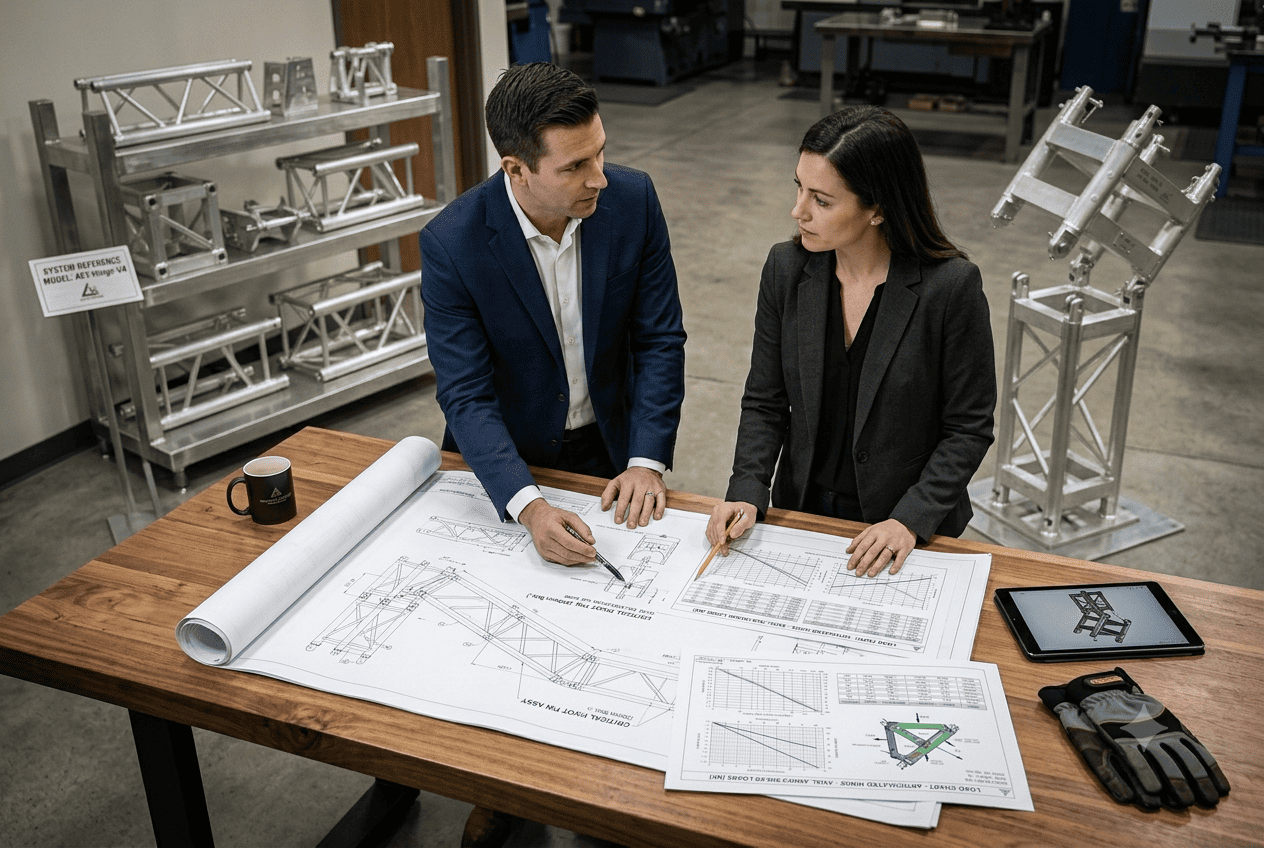 A customer and a supplier reviewing technical drawings and load data for a truss hinge system.