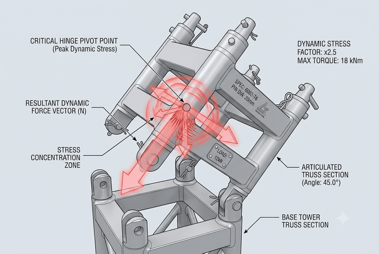 Dynamic Load on Truss Hinge During Lift Diagram showing the forces on a hinge section during the lifting process, highlighting the peak dynamic load.