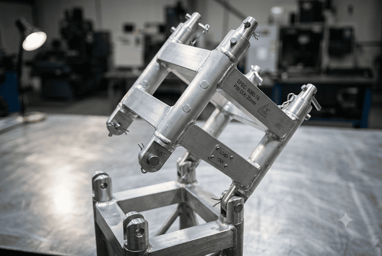 Aluminum Truss Hinge Section Ready for Erection A close-up of a robust aluminum truss hinge section connecting two truss pieces on the ground before erection.